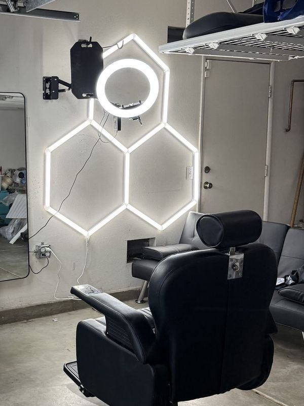 The barber chair under the hexagon lights